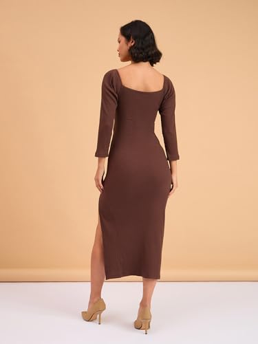 Image of barcino Black Rib Side Slit Wrap Neck Cut-Out Midi Dress