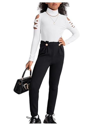 Image of RoseSeek Girl's Long Sleeve Mock Neck Ribbed Knit Tee Shirts Crisscross Cold Shoulder Tops White 11-12Y