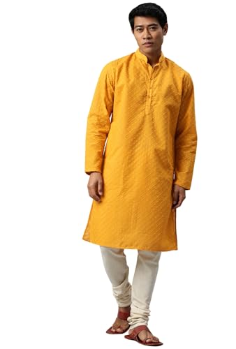 Image of Majestic Man Men's Cotton Blend Regular Fit Casual Polyester Mandarin Collar Ethnic Motifs Embroidered Long Regular Kurta