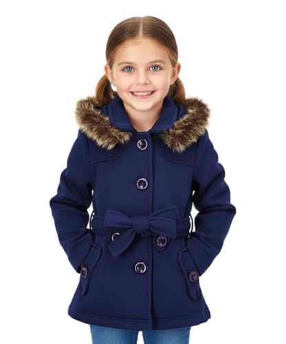Image of unik Girl Fleece Coat with Detachable Fur Lined Hood and Belt, Navy Size Medium