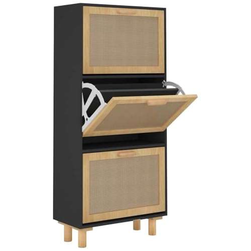 Yisssmeng Meuble à chaussures à 3 volets, meuble de couloir de style scandinave, meuble à chaussures en bois et rotin naturel, meuble d'entrée peu...