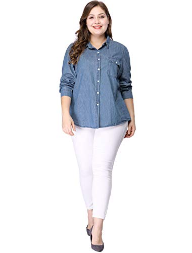 Agnes Orinda Women's Plus Size Button Down Long Sleeve Chest Pocket Chambray Shirts 20254