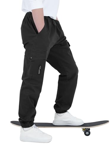 CAMLAKEE Cargohose Jungen Jogginghose Kinder Cargo Hosen Jungs Arbeitshose mit Elastischem Bund Schwarz DE: 170-176 (Herstellergröße 180)