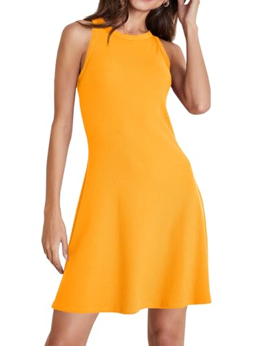 Image of Wenrine Womens Summer Casual Tank Dress Ribbed Knit Sleeveless Crewneck A Line Mini Dresses