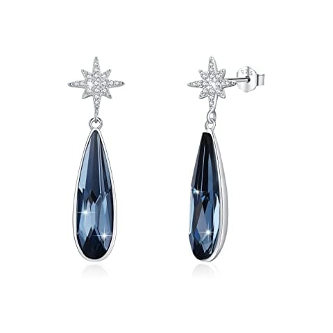 Crystal Drop Earrings for Women Vintage Long Teardrop Dangle Earrings with Starburst Zirconia for Pierced Ears (Denim Blue) Cover