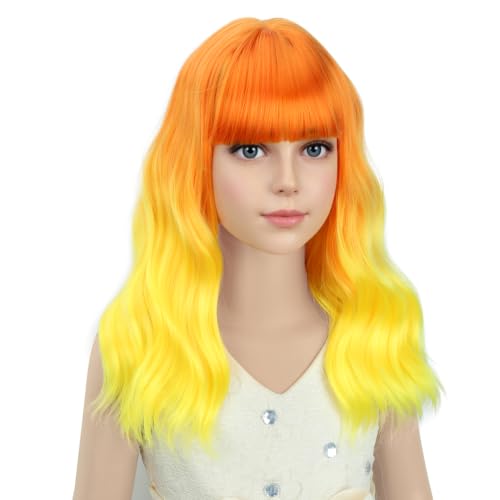 Image of PATTNIUM Grils Orange Ombre Wig with Bangs Kids Short Wavy Curly Wig Orange Bob Wigs Synthetic Halloween Costume Cosplay Party Wigs