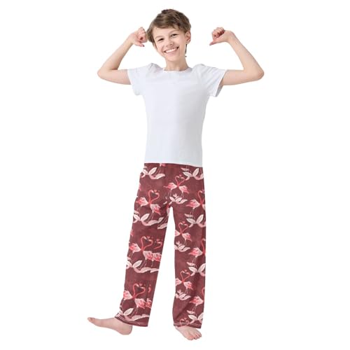 Flamingo with Love Flowers Boys Long Pants Soft Trousers Elastic Waist Kids Lounge Bottoms with Pockets S-XL2