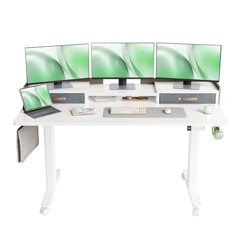 Image of Claiks Standing Desk with Drawers & Wheels, 2 Height Shelf 59inch White