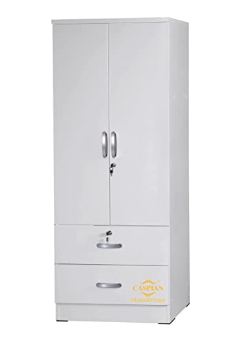 Image of CASPIAN Engineered Wood 2 Door Wardrobe (White) | Pre Assembled Home Furniture with Hanging Space | Cupboard /Almirah for Bedroom Clothes Storage Organizer with Removable Shelves & Drawers