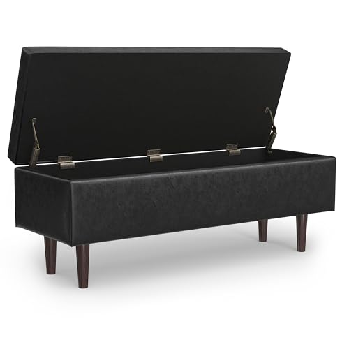 SIMPLIHOME Shay 48 inch Wide Mid Century Modern Rectangular Storage Ottoman in Distressed Black Vegan Faux Leather, Assembled, for The Living Room, Entryway and Family Room
