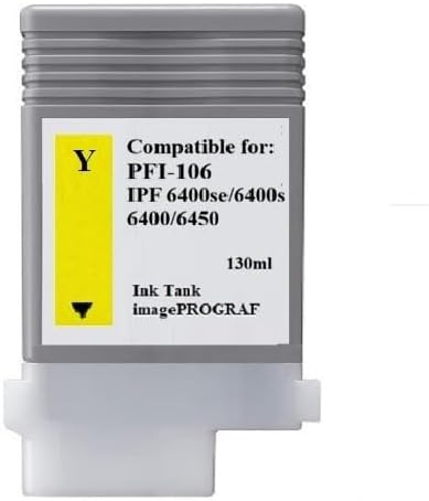 Vivid Colors VC PFI-106 Yellow Ink Cartridge Tank for Canon PFI-106Y (130ml, Yellow) for Canon imagePROGRAF 6400se 6400s 6400 6450 Printer.