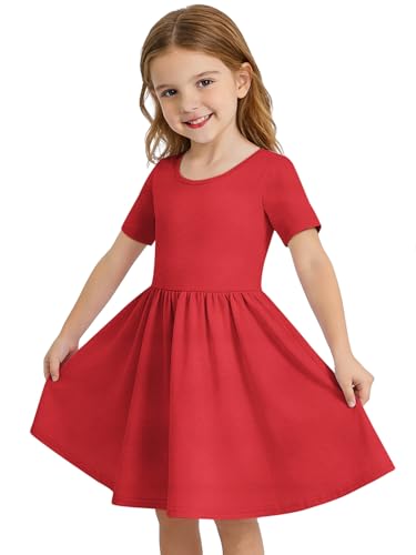 Haloumoning Toddler Baby Girl Short Sleeve Dress Kids Summer A-Line Twirly Skater T-Shirt Dresses with Pockets 8M-9Y Red