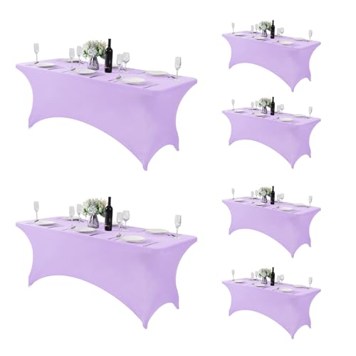 Fokitut 6 Pack Spandex Table Cover for 6FT Table Universal Fitted Stretch Tablecloth for Party, Banquet, Wedding and Events-Lavender