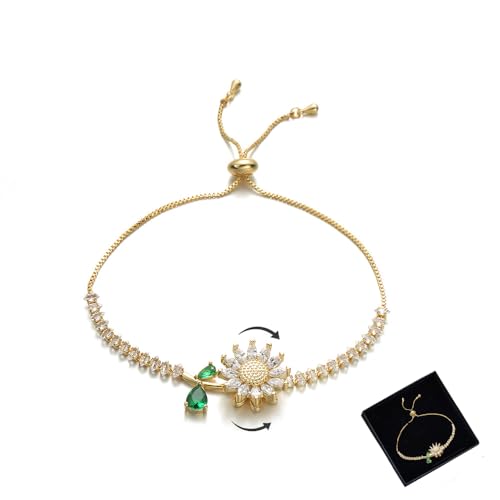 Spinning Sunflower Fidget Bracelet for Women, Rotatable Anxiety Sun Flowe Bracelets Adjustable Rhinestone Sunflowers Statement Worry Relieving Jewelry Gift