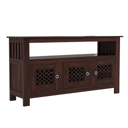 Image of Amazon Brand - Solimo Solid Sheesham Wood Jharokha Sideboard Cabinet with 3 Doors & 1 Open Shelf | Multipurpose Wooden Storage Organizer for Bedroom, Living Room, Kitchen Home & Office (Walnut Finish)