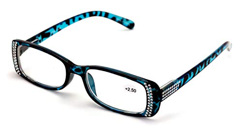 V.W.E. Women Rectangular Rhinestones Reading Glasses - Fashion Leopard Clear Lens Readers Demi Tortoise (Blue, 2.00)