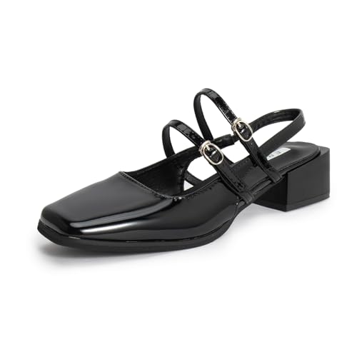 Women's Slingback Chunky Heels Mary Janes Pumps Patent Leather Block Low Heel Adjustable Buckle Dress Shoes for Party Work Dress Shoes