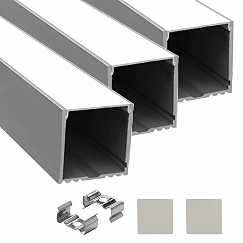 Image of (35x35mm) LED Strip Light 1Meter Aluminium Rectangular Surface Profile Light Channels with Diffused Cover, End Caps and Mounting Clips Without LED Straight Linear - Pack of 3
