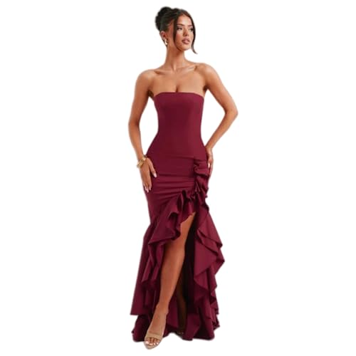 Image of Women's Sexy Strapless Backless High Split Long Maxi Dress Ruched Off Shoulder Sleeveless Bodycon Party Cocktail Dresses