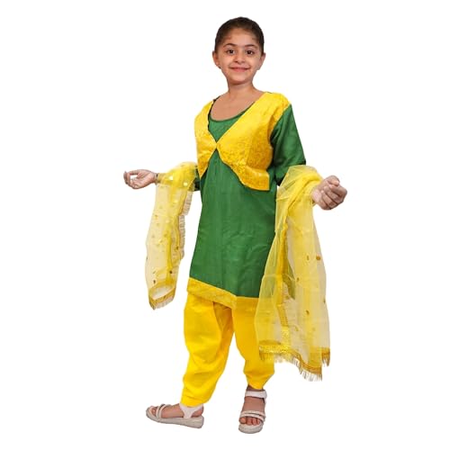 Image of Kaku Fancy Dresses Polyester Indian State Punjabi Folk Dance Costume for Kids /Salwar Suit with Dupatta For Girl Costume - Green & Yellow, 3-4 Years