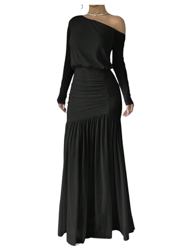 Floerns Women's Mesh Off The Shoulder Dress Ruched Ruffle Long Sleeve Maxi Dresses