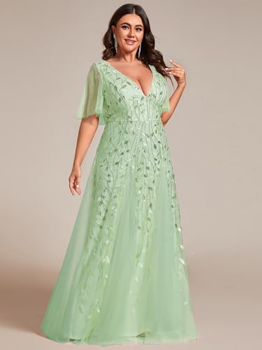 Image of Ever-Pretty Women's Sequin V Neck Plus Size Formal Dresses Evening Gown | Short Sleeve, A-Line, Empire Waist, Plus Size Mother of the Bride Dresses, Plus Size Gala Dress