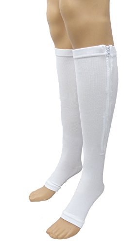 5StarDeals Zipper Compression Socks Supports Stockings Leg Open Toe 23-32mmHg Zipper (XL, White)