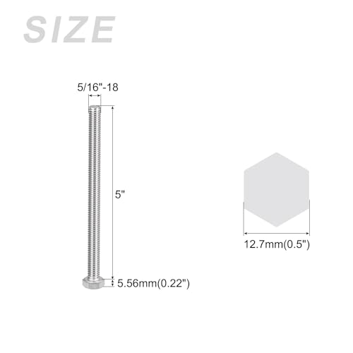 Image of METALLIXITY Hex Head Bolts (5 /16-18 x 5 inch) 8Pcs, 304 Stainless Steel 18-8, Fully Threaded, External Hex Drive, Plain Finish, Hex Head Screw Bolt, Silver