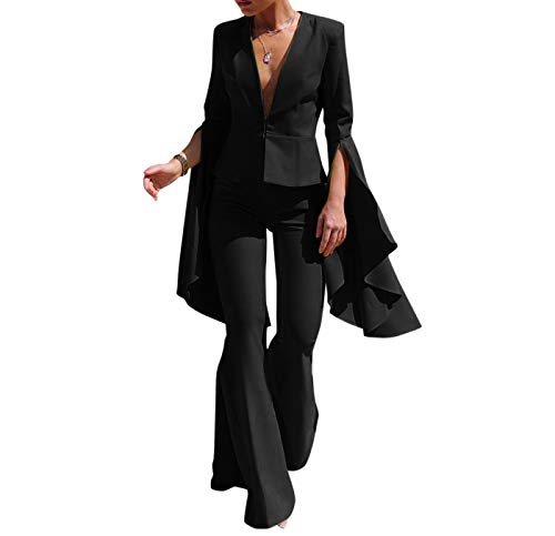 Women's Two Piece Office Lady Blazer Business Suit Set Blazer Jacket and Pants Black Medium