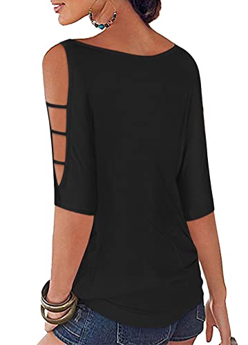 Womens Summer Cold Shoulder Tops 3/4 Sleeve T Shirts Pullover Casual Dolman Blouses2