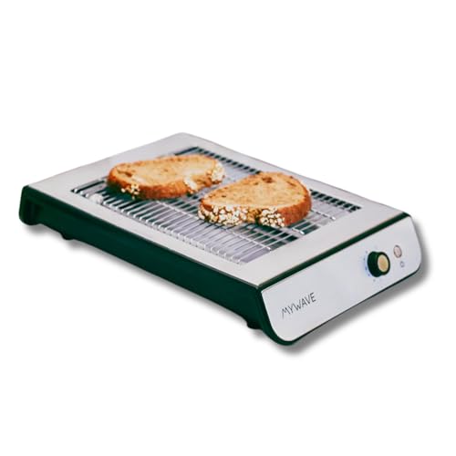 MyWave 600 W horisontell platt brödrost, 2 kvartsvärmeelement, perfekt för bröd eller alla typer av bakverk, med smulbricka, rostfritt stål – 600 W