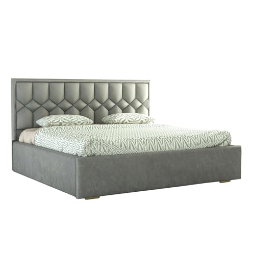 Image of Premium King Size Upholstered Bed with Padded Headboard | Platform Bed for Master Bedroom, Comfortable Back Support & Elegant Bedroom Furniture | Strong & Durable Solid Wood Frame | Grey