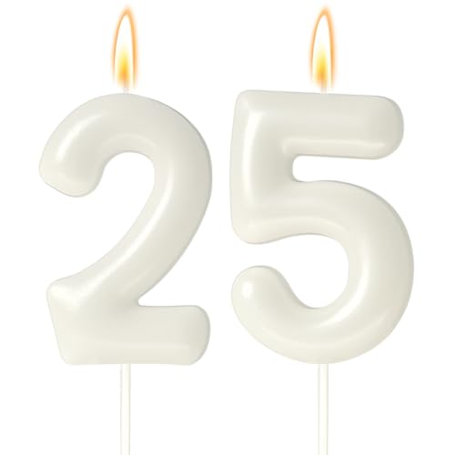 25 Candles 25th Birthday Decorations for Women, White 25th Candle for Beige Birthday Decorations, 25 Cake Topper for 25 Year Old Girl Cream Birthday Party Decor Party Supplies Favors(Number 25 Candle)