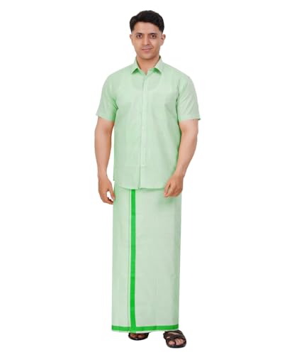 Image of Men's Traditional Indian Shirt and Dhoti Set, Half Sleeves Tissue Silk Cotton Shirt With Dhoti 2 metres for men
