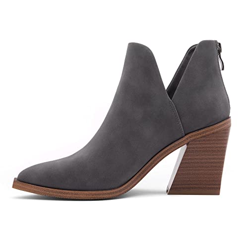 Shoe Land Mingo Women's Ankle Booties Chunky Stack Heels V Cutout Boots Pointed Toe Back Zipper Slip on Shoes3