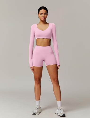 Image of ABOCIW Women Square Neck Long Sleeve Workout Crop Top Low Medium Impact Athletic Yoga Gym Shirts with Built in Bra(ONLY TOP)