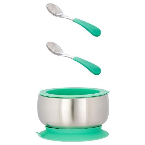 Avanchy Stainless Steel Baby Bowl + First Stage Baby Feeding Spoons. Strong Suction and Travel Storage lids. Green Cover
