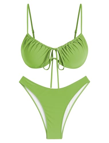 Image of ZAFUL Women High Cut Bikini Sets String Sexy Swimsuit Two Piece Underwire Bathing Suit Brazilian Cheeky Cut Out Cute Swimwear