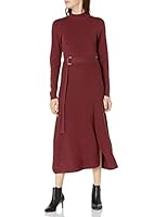 The Drop Women's Odette Long Volume Sleeve Mock Neck Belted Swing Maxi Dress, Oxblood, XXS