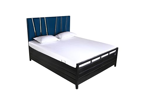 Image of Furniture Beliza Metal Bed Frame with Hydraulic Storage, King Size Platform Bed, Bed with Storage, Iron Bed Frame - Black (Pine Headboard) (King Size 6X6 Without Mattress)