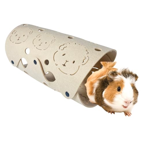 CAVYPOP Guinea Pig Tunnel, Washable Felt Hideout for Small Cage, Durable & Breathable Small Pet Tube Toys for Zoomies, Popcorning & Resting - Cute Piggy Face Design-Beige