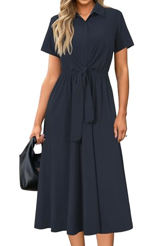 Newshows Womens Wear to Work Teacher Business Casual Outfits Long Dresses Tie Waist Shirt Dress Attire with Pockets