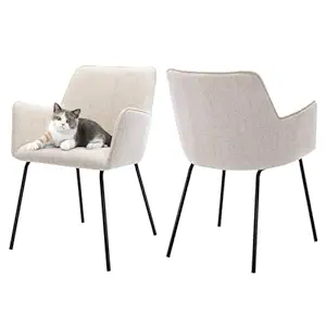 ONEVOG Beige Dining Chairs Set of 2, Modern Upholstered Kitchen Room Chairs with Padded Arms and Wide Seat for Small Space, Comfy Linen Fabric Accent Chairs for Living Room