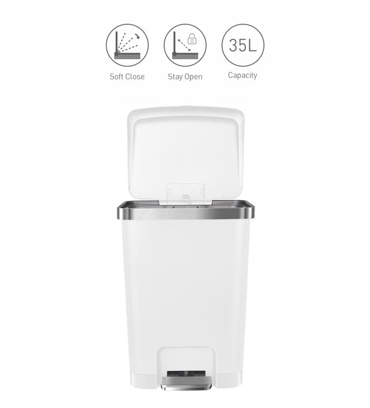 Image of Obsessions EKO 35L Plastic Step Bin with Pedal, Large Capacity Trash Can Ideal for Home, Kitchen and Office, White