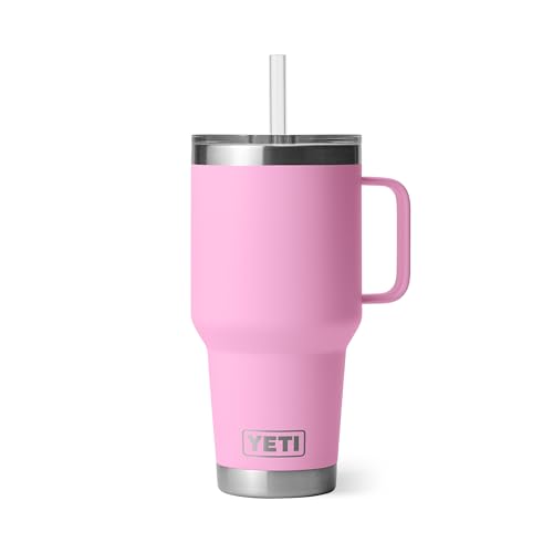 Image of YETI Rambler 35 oz Tumbler with Handle and Straw Lid, Travel Mug Water Tumbler, Vacuum Insulated Cup with Handle, Stainless Steel, Power Pink
