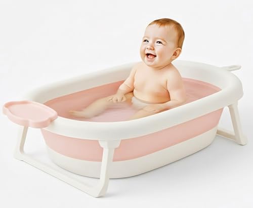Image of Foldable Baby Bathtub for 0-3 Years | Collapsible Portable Bath Tub with Soap Holder & Drain Plug | Non-Slip Legs, Heat Retention Design, BPA-Free Safe Material (Pink)