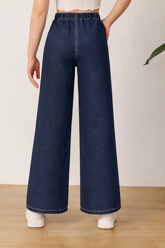 Image of ADBUCKS Girl's Stretch Denim Wide Leg Jeans Comfort Fit with Elastic Waistband, Straight Cut, Casual Style for All Seasons, Versatile Clothing