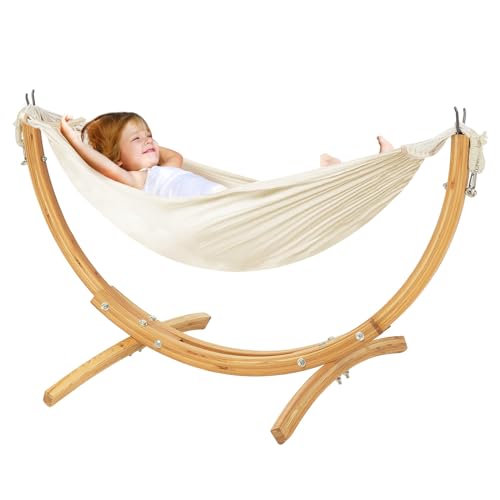 Image of FUNLIO Wooden Hammock with Stand for Kids 3-5 Years (Height < 3.9ft/120cm), Premium Solid Wood Kids Hammock Chair Stand, Stable Structure, Wider & Longer Children Hammock, 220lbs Capacity