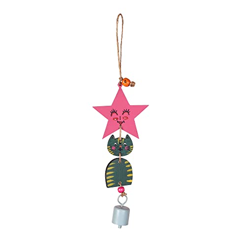 Image of Aakriti Art Creations Green Kitty Wind Chime Multicolor | Handmade Modern Art Wooden & Metal Wind Chime | Matte Decorative Wind Chimes for Balcony, Garden, Living Room & Gifting