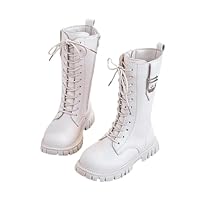 Girls Lace Up Combat Boots Mid Calf Riding Boots PU Leather Side Zipper Punk Goth Lug Sole Boot 4-11 Years
